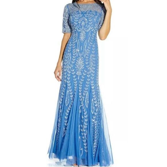 Adrianna Papell blue embellished beaded overlay mermaid occasion dress 12